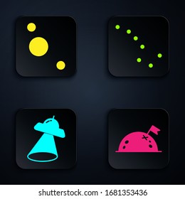 Set Planet with flag, Solar system, UFO flying spaceship and Great Bear constellation. Black square button. Vector