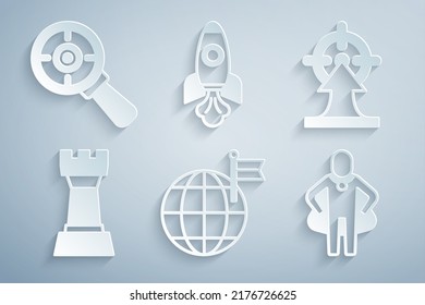 Set Planet with flag, Target, Chess, Head hunting, Rocket ship and magnifying glass icon. Vector