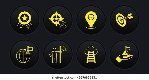 Set Planet with flag, Target, Man holding, Stair finish, Mountains and Medal icon. Vector