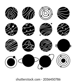 Set of planet flat icons. Logo, pictogram, sign, symbol of space. Universe, galaxy concept. Vector hand drawn stock illustration.	