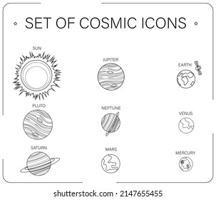 Set of planet icons isolated on white background. Contemporary set of cosmic thin line illustrations.