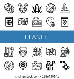 Set of planet icons. Such as Worldwide, Atlas, Pollution, Map, Rocket, Globe, Space, Astronaut, Astronomer, Constellation , planet icons