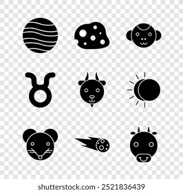 Set Planet Jupiter, Asteroid, Monkey zodiac, Rat, Comet falling down fast, Ox, Taurus and Aries icon. Vector