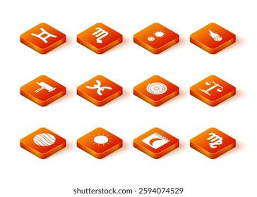 Set Planet Jupiter, Sun, Telescope, Pisces zodiac, Moon phases calendar, Solar system, Virgo and Libra icon. Vector