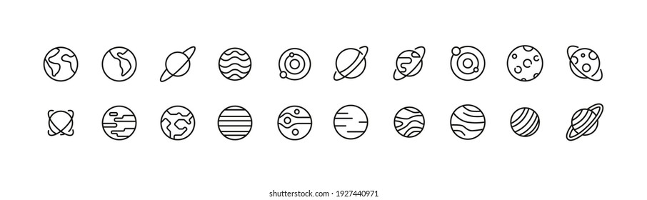Set of planet line icons. Premium pack of signs in trendy style. Pixel perfect objects for UI, apps and web. 