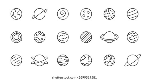 Conjunto de ícones da Planet Line. Planeta Espacial, Terra, Lua, Sol e Galáxia. Coleção de Ícones de Estrutura de Tópicos Astronômicos. Traço editável. Ilustração de vetor isolada.
