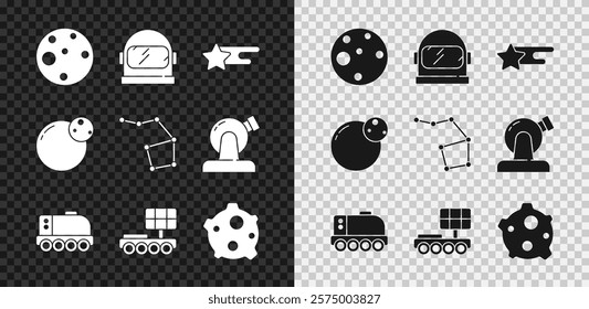 Set Planet Mars, Astronaut helmet, Falling star, rover, Asteroid,  and Great Bear constellation icon. Vector