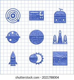 Set Planet Mars, Eclipse of the sun, Great Bear constellation, Rocket launch from spaceport, ship, Saturn, Astronomical observatory and Solar system icon. Vector