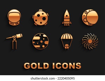 Poner Planeta Marte, Luna, agujero negro, cápsula espacial y paracaídas, telescopio, buque de cohetes, casco de astronauta e icono. Vector