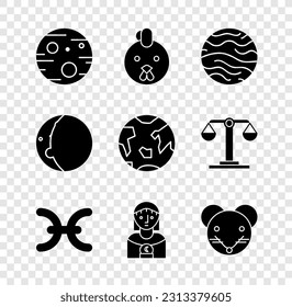 Set Planet Mars, Rooster zodiac, Venus, Pisces, Astrology woman, Rat, Eclipse of the sun and Earth icon. Vector