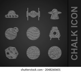 Set Planet, Mars rover, Asteroid, UFO flying spaceship and  icon. Vector