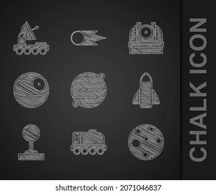 Set Planet, Mars rover, Rocket ship, Joystick, Death star, Astronomical observatory and  icon. Vector