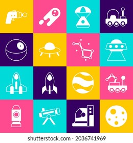 Set Planet Mars, Rover, UFO fliegendes Raumschiff, Space Kapsel, Ray Pistole und Great Bär Konstellation Symbol. Vektorgrafik