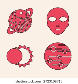 Set Planet Mars, Planet Saturn, Alien and Eclipse of the sun icon. Vector