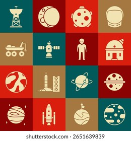 Set Planet Mars, Saturno, Observatório Astronômico, Satélite, robô, prato e ícone Alien. Vetor