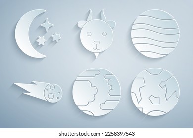 Set Planet Mercury, Jupiter, Comet falling down fast, Earth, Aries zodiac and Moon and stars icon. Vector