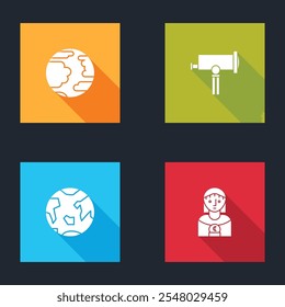 Set Planet Mercury, Telescope, Earth and Astrology woman icon. Vector