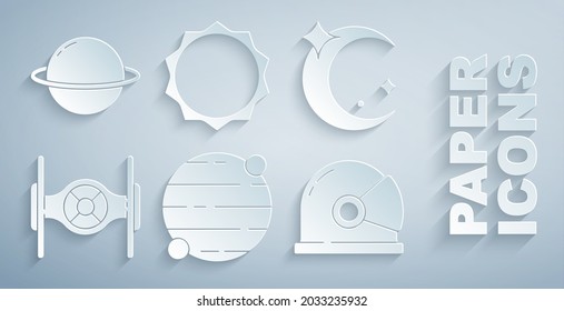 Set Planet, Moon and stars, Cosmic ship, Astronaut helmet, Sun and Saturn icon. Vector