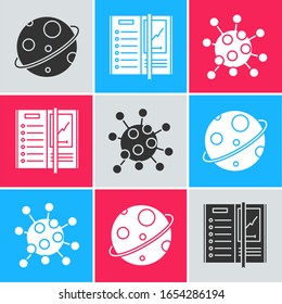 Ajuste el icono Planeta, Bacteria y Portátil. Vector