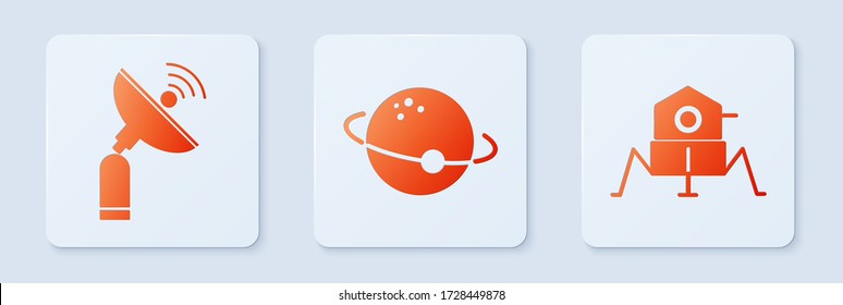 Set Planet, Radar and Mars rover. White square button. Vector