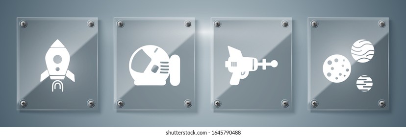 Set Planet, Ray gun, Astronaut helmet and Rocket ship with fire. Square glass panels. Vector