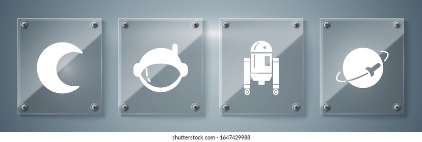 Set Planet, Robot, Astronaut helmet and Moon and stars. Square glass panels. Vector