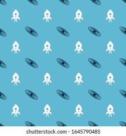 Set Planet and Rocket ship with fire on seamless pattern. Vector