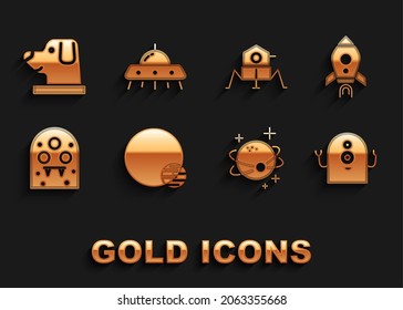 Set Planet, Rocket ship with fire, Alien, Mars rover, Dog in astronaut helmet and UFO flying spaceship icon. Vector
