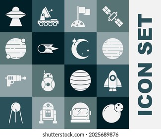 Set Planet, Rocket ship, Moon with flag, Comet falling down fast, UFO flying spaceship and and stars icon. Vector