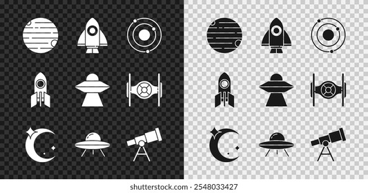 Set Planet, Rocket ship, Solar system, Moon and stars, UFO flying spaceship, Telescope,  and  icon. Vector