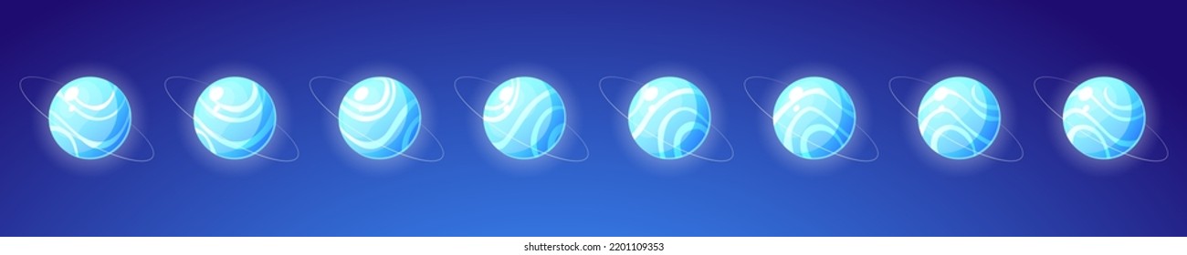 Conjunto de rotación del planeta aislado en el fondo. Ilustración de dibujos animados de objeto espacial azul neón con ornamento abstracto rodeado por anillo. Vista desde diferentes lados en movimiento. Diseño vectorial fantástico