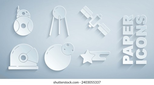 Set Planet, Satellite, Astronaut helmet, Falling star,  and Robot icon. Vector