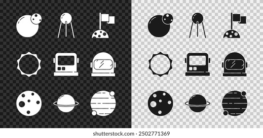 Set Planet, Satellite, Moon with flag, Mars, Saturn, Sun and Astronaut helmet icon. Vector