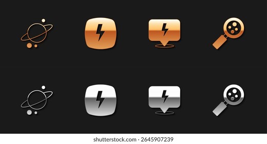 Set Planet Saturn, Lightning bolt,  and Microorganisms under magnifier icon. Vector