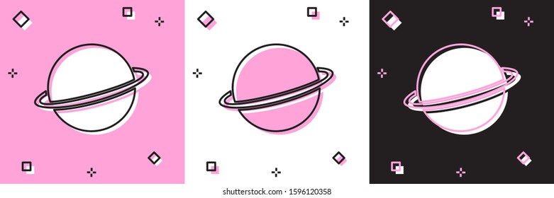 Set Planet Saturn with planetary ring system icon isolated on pink and white, black background.  Vector Illustration