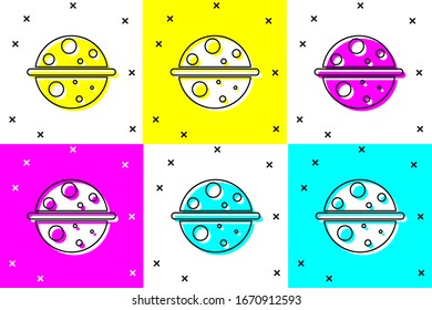 Set Planet Saturn with planetary ring system icon isolated on color background.  Vector Illustration