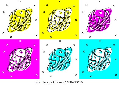 Set Planet Saturn with planetary ring system icon isolated on color background.  Vector Illustration
