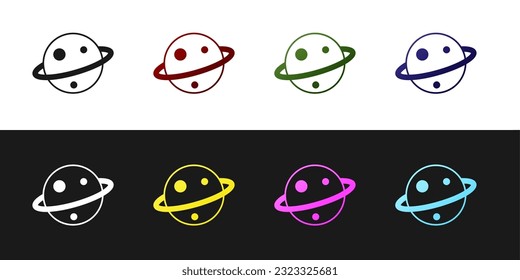Set Planet Saturn with planetary ring system icon isolated on black and white background.  Vector