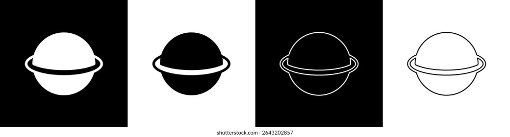 Defina o planeta Saturno com o ícone do sistema de anéis planetários isolado em fundo preto e branco.  Vetor