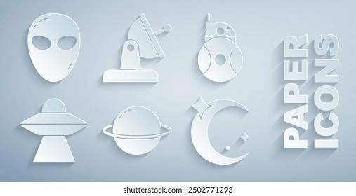 Set Planet Saturn, Robot, UFO flying spaceship, Moon and stars, Satellite dish and Alien icon. Vector