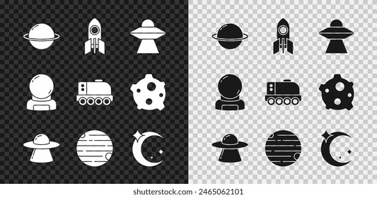 Set Planet Saturn, Rocket ship, UFO flying spaceship, Moon and stars, Astronaut helmet and Mars rover icon. Vector