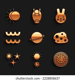 Set Planet Saturn, Solstice, Astrology horoscope circle, Asteroid, Falling star, Aquarius zodiac, Rabbit and Eclipse of the sun icon. Vector