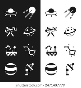 Set Planet Saturn, Telescope, UFO flying spaceship, Satellite, Mars rover, Great Bear constellation, dish and  icon. Vector