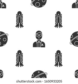 Set Planet, Scientist and Space shuttle and rockets on seamless pattern. Vector