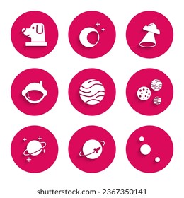 Set Planet, Solar system, Astronaut helmet, UFO flying spaceship and Dog astronaut icon. Vector