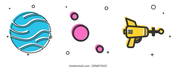 Set Planet, Solar system and Ray gun icon. Vector