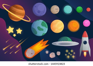 Set planet  with spaceship or rocket and galaxy vector background