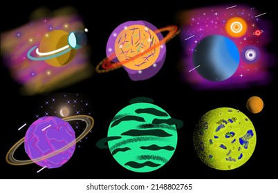 a set of planet and star illustrations, on a black background.