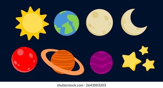 Set of planet, sun, moon, and stars. Space illustration. Can be used for wallpaper, paper wrapping and kid room decoration