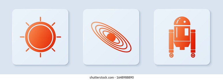 Set Planet, Sun and Robot. White square button. Vector